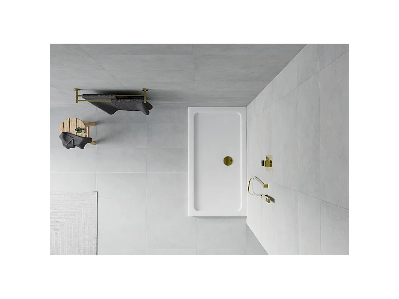 Mexen Flat plato de ducha rectangular slim 130 x 70 cm, blanco, sifón dorado - 40107013G