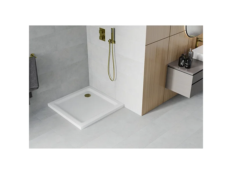 Mexen Flat receveur de douche carré slim 80 x 80 cm, blanc, siphon doré - 40108080G