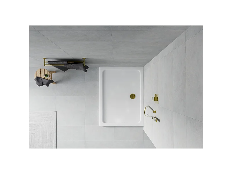 Mexen Flat plato de ducha rectangular slim 110 x 90 cm, blanco, sifón dorado - 40109011G