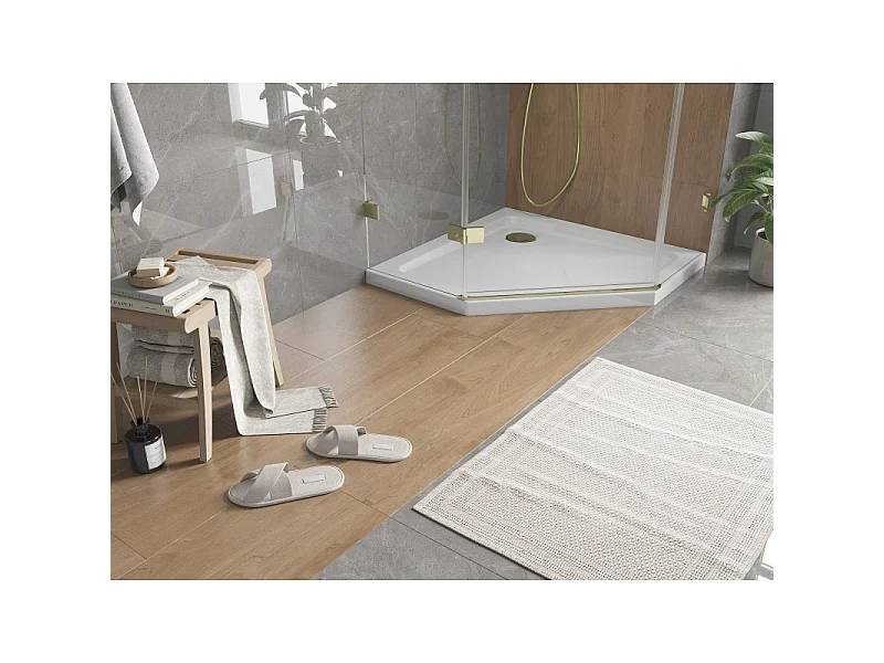 Mexen Flat Fünfeck-Duschwanne Slim 100 x 100 cm, weiß, goldener Siphon - 41P101010-G