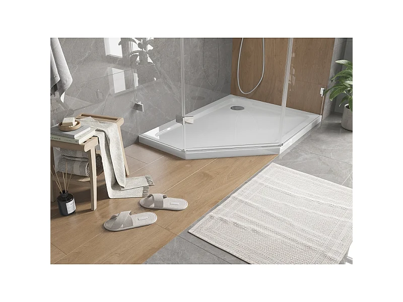 Mexen Flat plato de ducha pentagonal slim derecho 100 x 80 cm, blanco, sifón cromo - 41P108010R