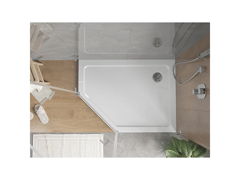 Mexen Flat plato de ducha pentagonal slim derecho 100 x 80 cm, blanco, sifón cromo - 41P108010R