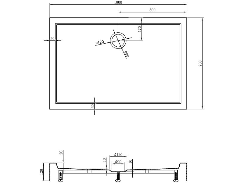 Mexen Flow+ rechteckige Duschwanne 100 x 70 cm, schwarz matt - 46R707010H