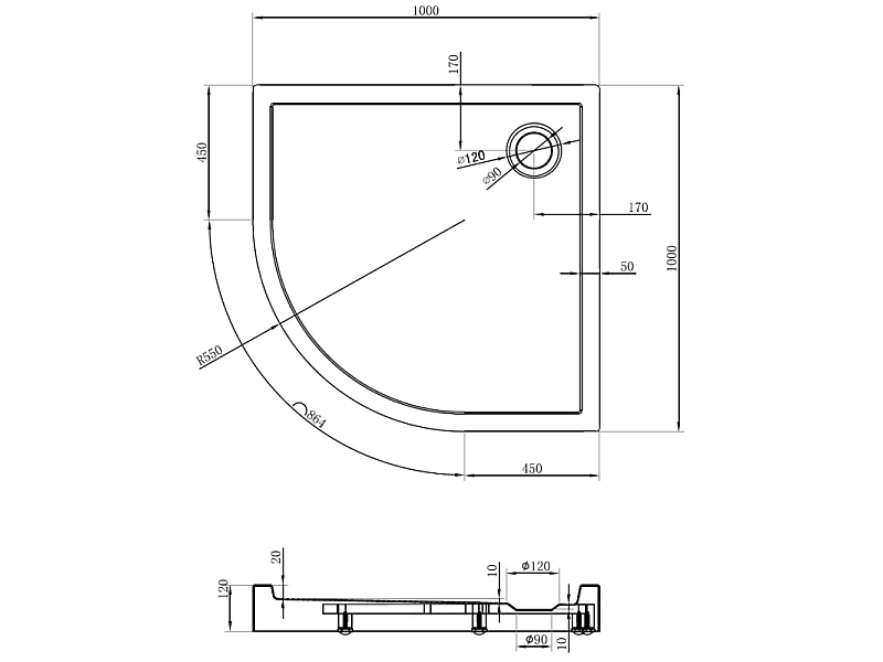 Mexen Flow+ viertelkreis Duschwanne 100 x 100 cm, schwarz matt - 46Q701010H