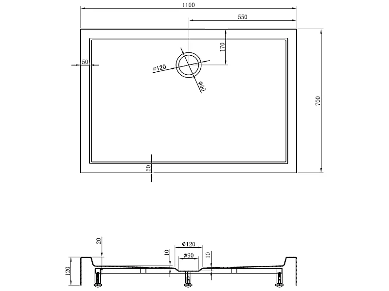 Mexen Flow+ rechteckige Duschwanne 110 x 70 cm, weiß glänzend - 46R107011H