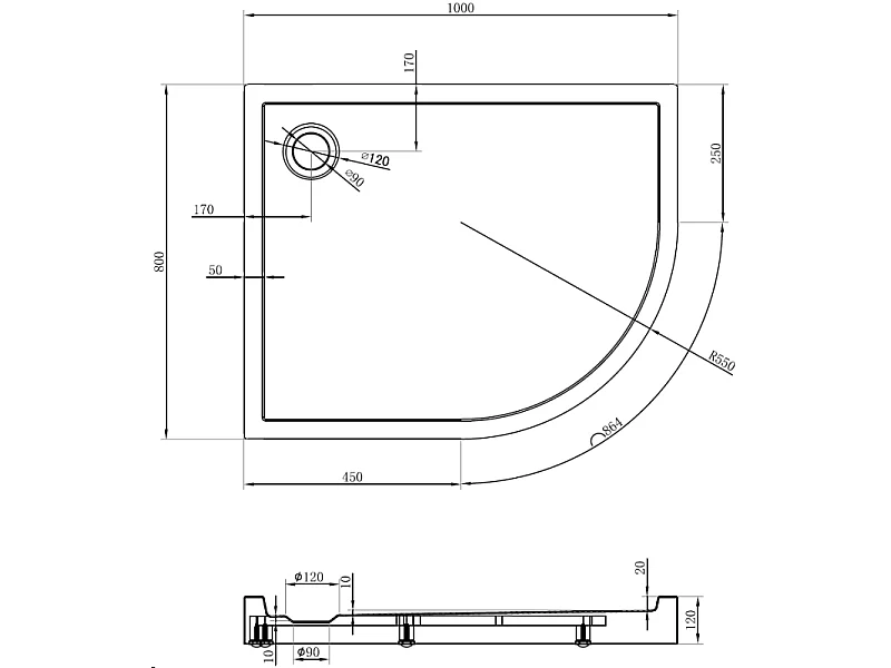 Mexen Flow+ receveur de douche semi-circulaire asymétrique gauche 100 x 80 cm, blanc brillant - 46Q108010LH