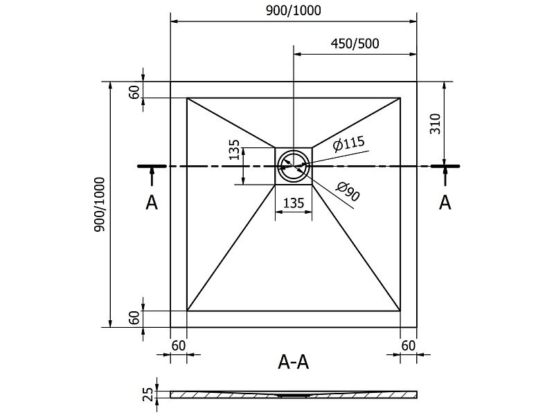 Mexen Stone+ quadratische Composite-Duschwanne 90 x 90 cm, grau-beton - 44619090