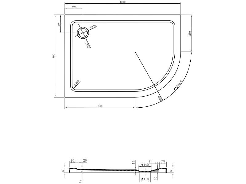 Mexen Flat Halbrunder Duschwanne Slim Links 120 x 80 cm, Weiß, Chrom-Siphon - 41108012L