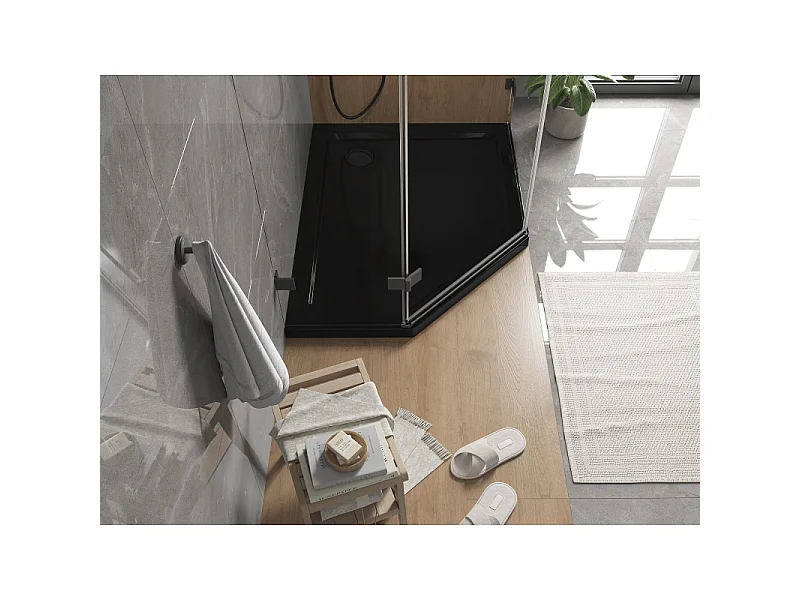 Mexen Flat Fünfeckige Duschwanne Slim Rechts 100 x 80 cm, Schwarz, Siphon Schwarz - 41P708010R-B