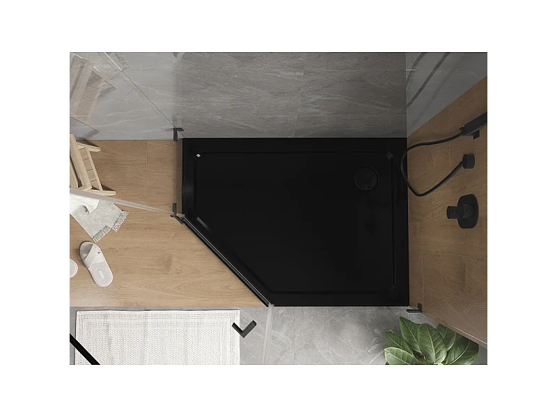 Mexen Flat Fünfeckige Duschwanne Slim Rechts 100 x 80 cm, Schwarz, Siphon Schwarz - 41P708010R-B