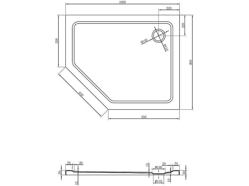 Mexen Flat Fünfeckige Duschwanne Slim Rechts 100 x 80 cm, Schwarz, Siphon Schwarz - 41P708010R-B