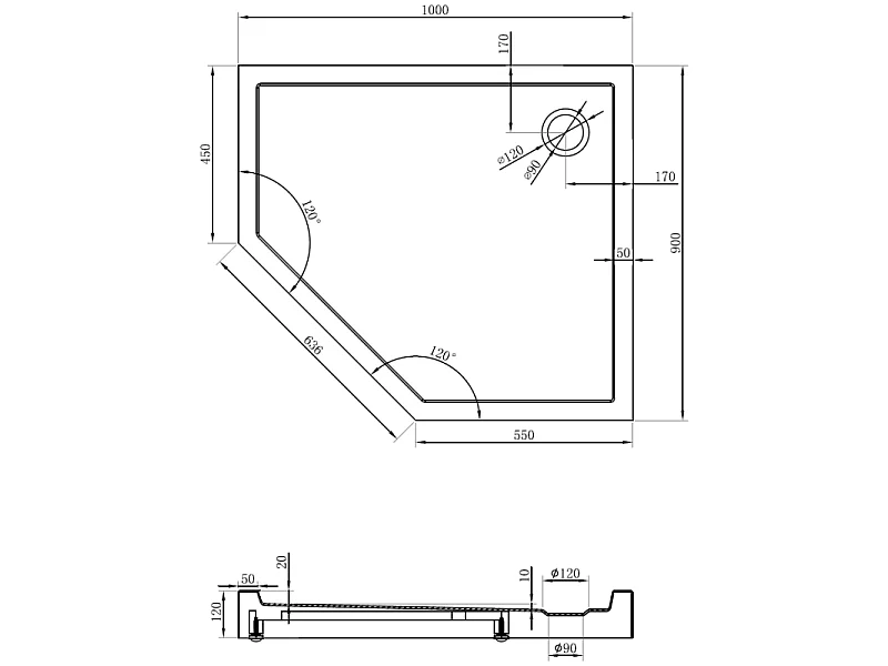 Mexen Flow+ Fünfeck-Duschbecken rechts 100 x 90 cm, weißer Glanz - 46P109010RH