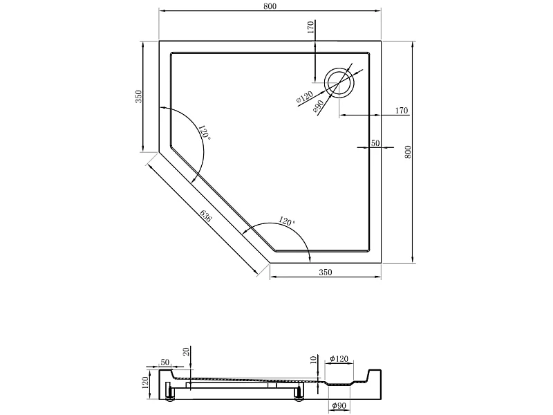 Mexen Flow+ Fünfeck-Duschwanne 80 x 80 cm, Schwarz Matt - 46P708080H