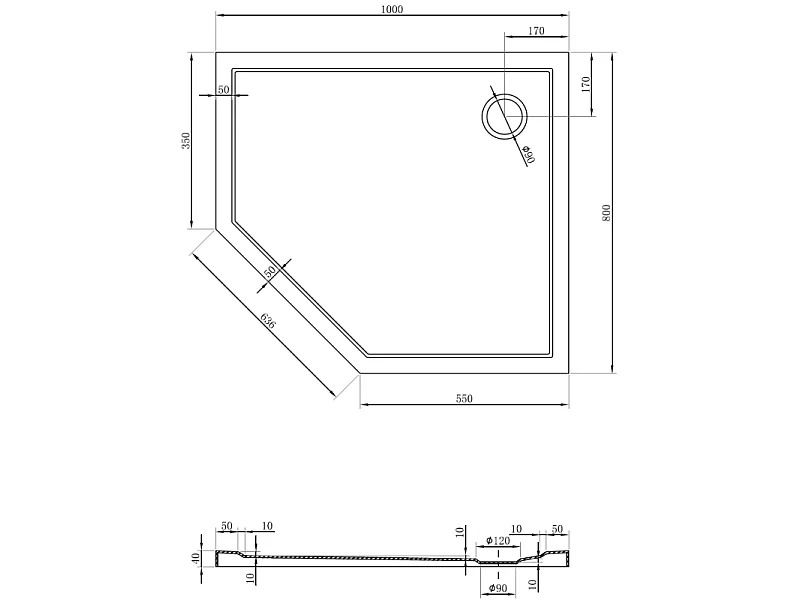 Mexen Flow Fünfeck-Duschwanne Slim Rechts 100 x 80 cm, Weiß Glanz - 46P108010R