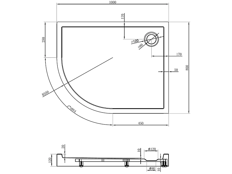 Mexen Flow+ asymmetrical right semi-circular shower tray 100 x 80 cm, black matte - 46Q708010RH