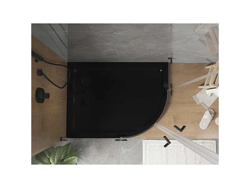 Mexen Flat halbkreisförmige Duschwanne Slim links 120 x 90 cm, schwarz, schwarzer Siphon - 41709012L-B