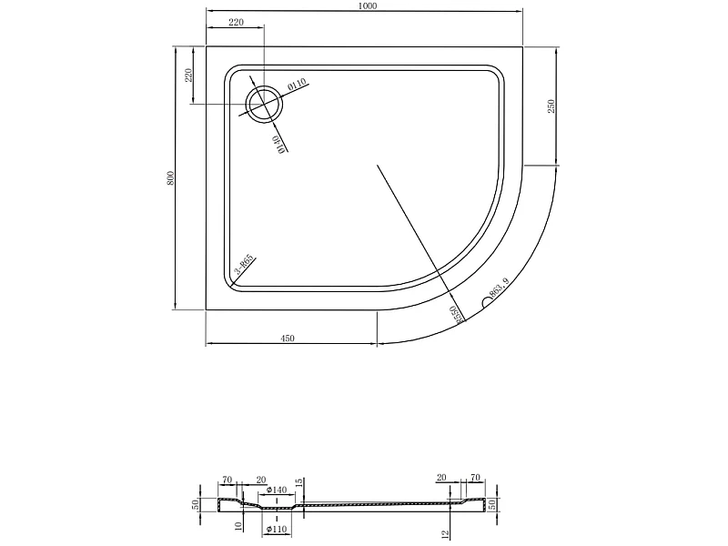 Mexen Flat slim halfcirkel douchebak links 100 x 80 cm, wit, sifon chroom - 41108010L
