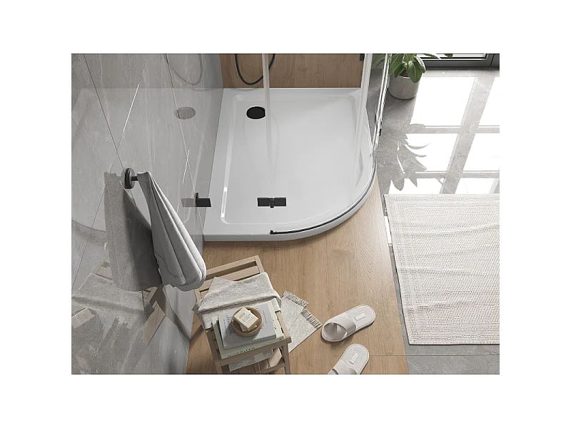 Mexen Flat half ronde slanke douchebak rechts 100 x 80 cm, wit, zwarte sifon - 41108010P-B