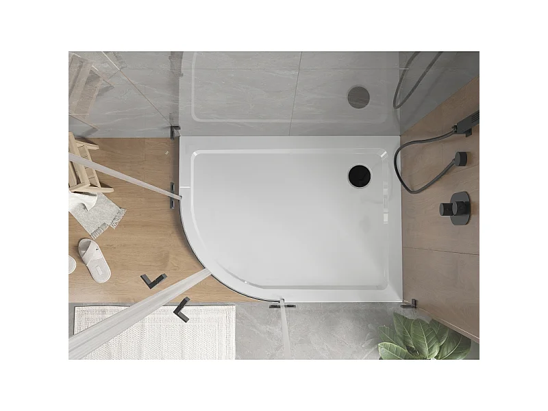 Mexen Flat half ronde slanke douchebak rechts 100 x 80 cm, wit, zwarte sifon - 41108010P-B