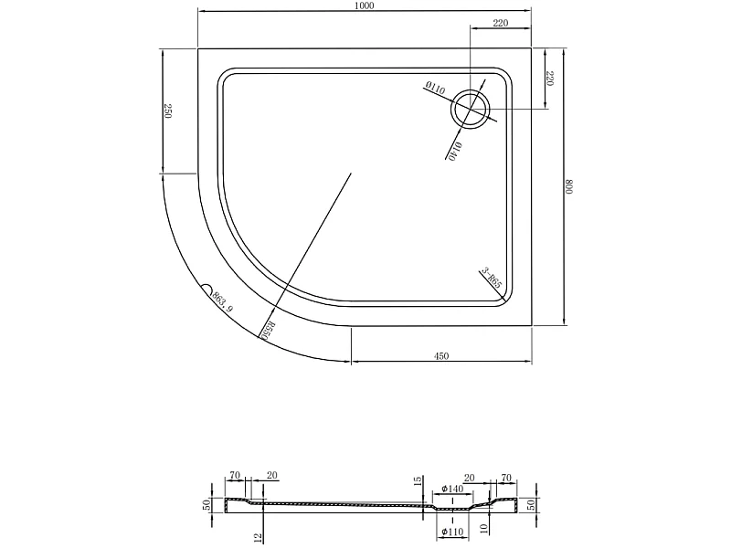 Mexen Flat half ronde slanke douchebak rechts 100 x 80 cm, wit, zwarte sifon - 41108010P-B