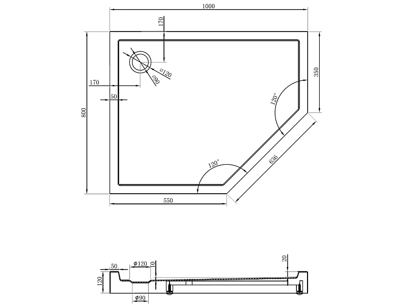 Mexen Flow+ Fünfeck-Duschwanne links 100 x 80 cm, weiß glänzend - 46P108010LH