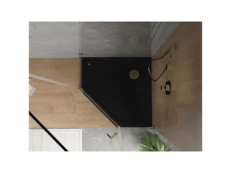 Mexen Flat receveur de douche pentagonal slim 90 x 90 cm, noir, siphon doré - 41P709090-G