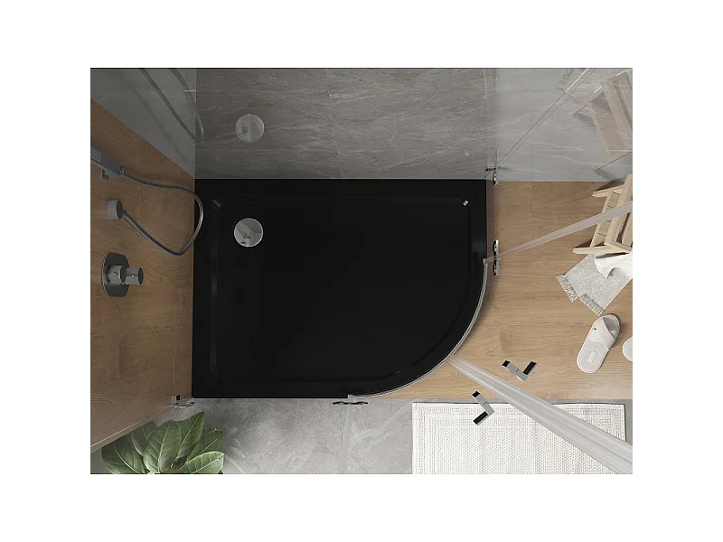 Mexen Flat brodzik półokrągły slim lewy 100 x 90 cm, czarny, syfon chrom - 41709010L