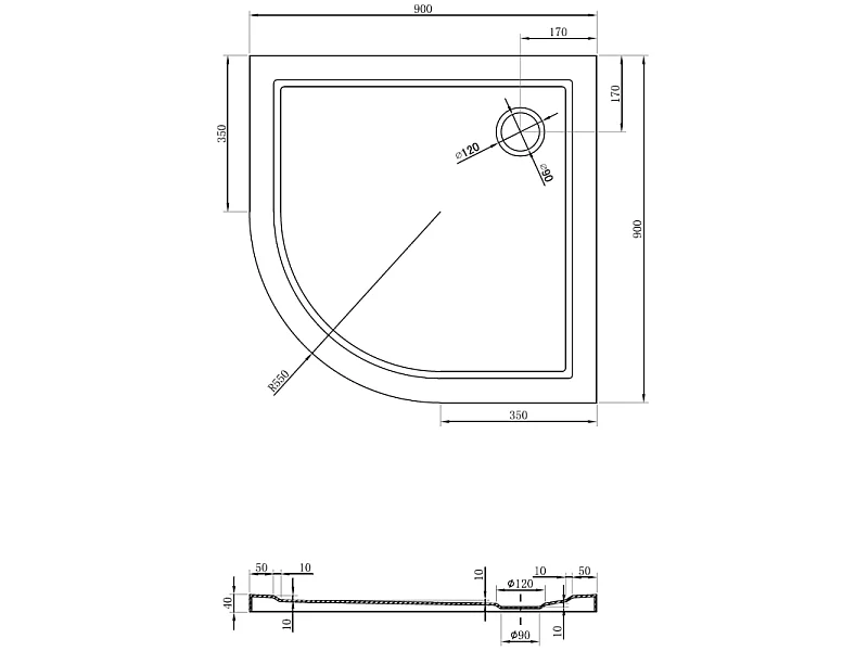 Mexen Flow semi-circular slim shower tray 90 x 90 cm, black matte - 46Q709090