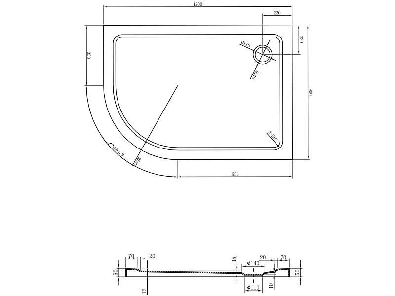 Mexen Flat Halbrunde Duschwanne Slim rechts 120 x 90 cm, weiß, Chrom-Siphon - 41109012P
