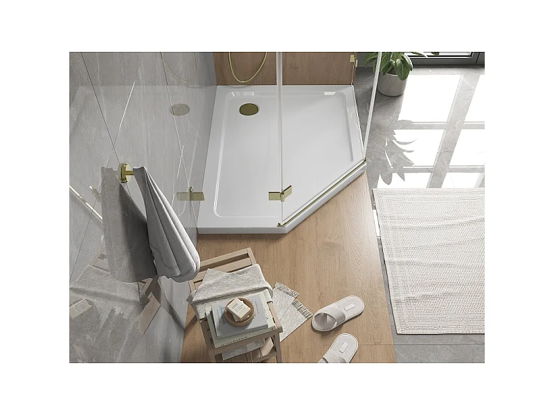 Mexen Flat receveur de douche pentagonal slim droit 90 x 80 cm, blanc, siphon doré - 41P108090R-G