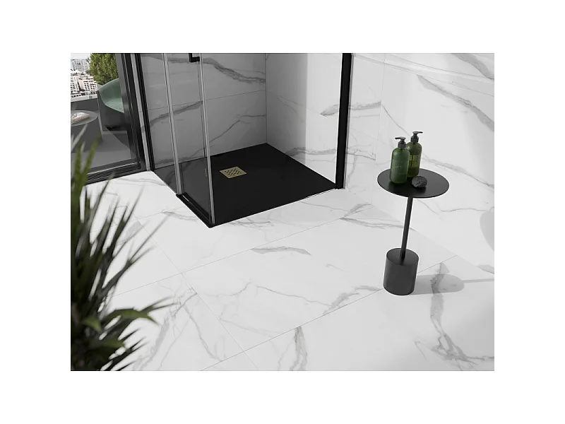 Mexen Stone+ receveur de douche carré en composite 80 x 80 cm, noir, cache doré - 44708080-G