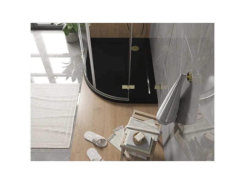 Mexen Flat receveur de douche demi-circulaire slim gauche 120 x 80 cm, noir, siphon doré - 41708012L-G