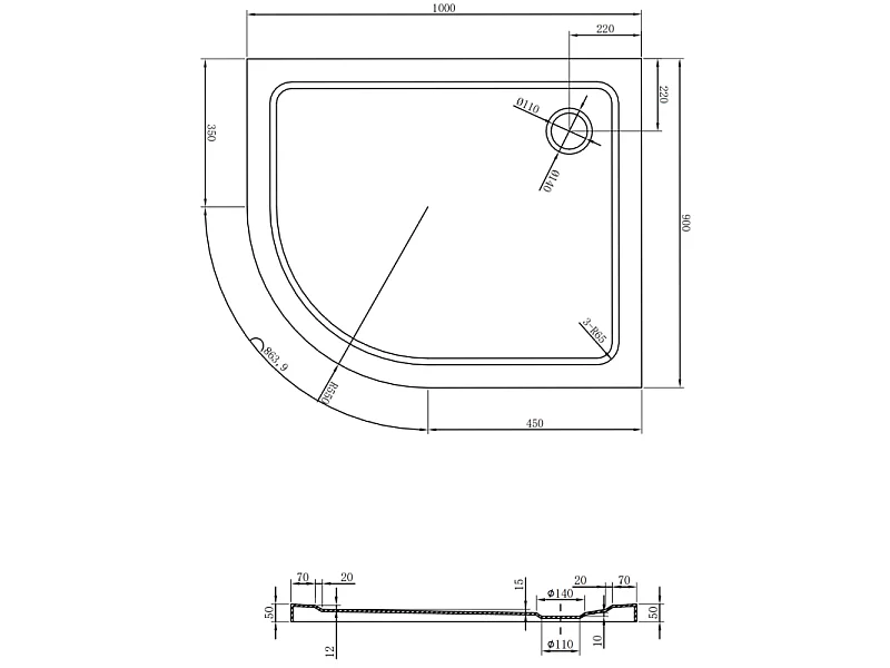 Mexen Flat Halbrunde Duschwanne Slim rechts 100 x 90 cm, weiß, schwarzer Siphon - 41109010P-B
