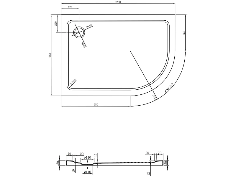 Mexen Flat brodzik półokrągły slim lewy 120 x 90 cm, biały, syfon chrom - 41109012L