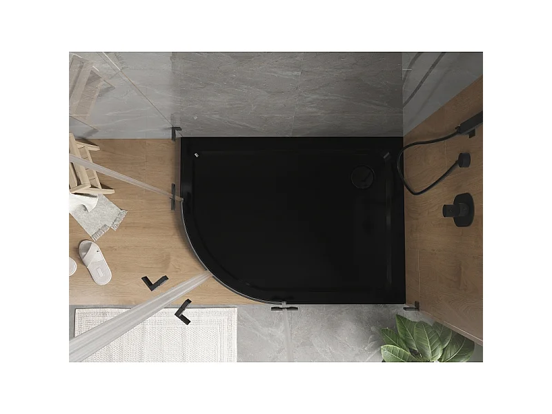 Mexen Flat Halbrunde Duschtasse Slim Rechts 120 x 80 cm, Schwarz, Schwarzer Siphon - 41708012P-B