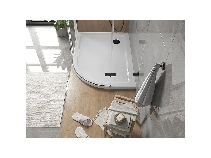 Mexen Flat Halbkreis-Duschwanne Slim Links 100 x 80 cm, Weiß, Schwarzer Siphon - 41108010L-B