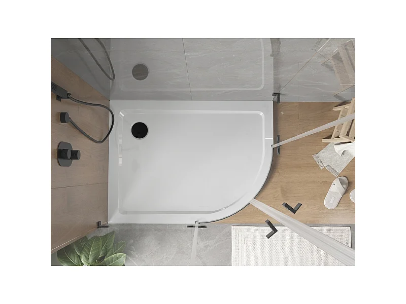 Mexen Flat Halbkreis-Duschwanne Slim Links 100 x 80 cm, Weiß, Schwarzer Siphon - 41108010L-B