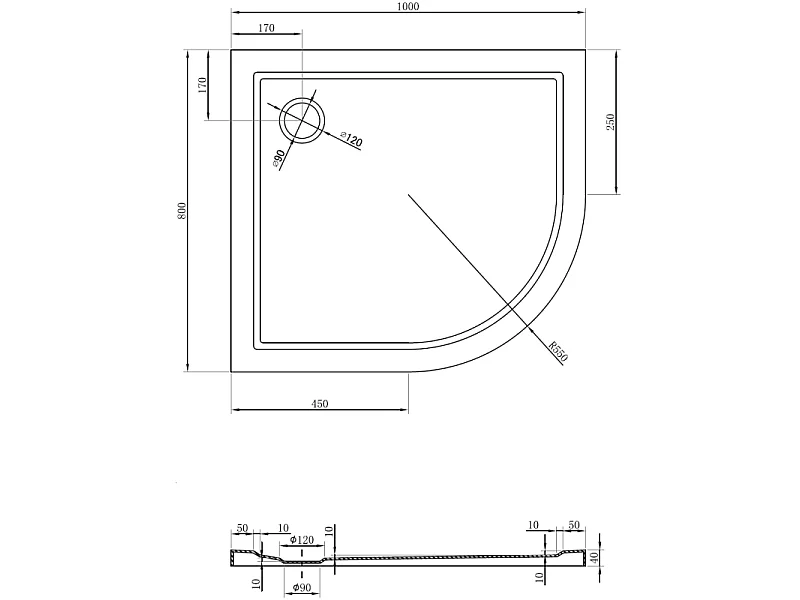 Mexen Flow asymmetric slim semicircular shower tray left 100 x 80 cm, black matte - 46Q708010L