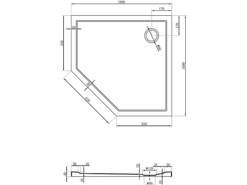 Mexen Flow Duschwanne fünfeckig Slim 100 x 100 cm, schwarz matt - 46P701010