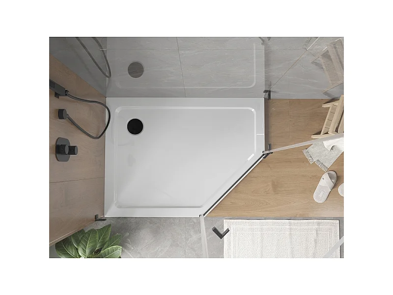 Mexen Flat Fünfeckige Slim-Dusche links 90 x 80 cm, weiß, schwarzer Siphon - 41P108090L-B