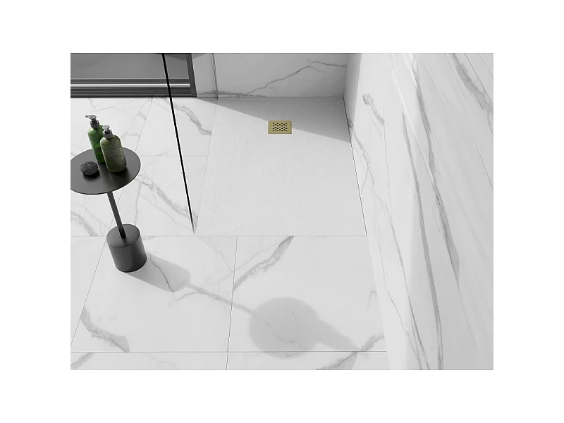 Mexen Stone+ plato de ducha compuesto rectangular 140 x 70 cm, blanco, cubierta dorada - 44107014-G