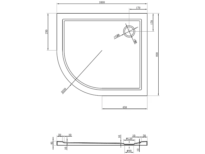 Mexen Flow plato de ducha semicircular asimétrico slim derecho 100 x 80 cm, blanco brillo - 46Q108010R