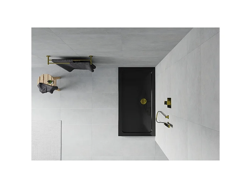Mexen Flat ducha rectangular estrecha 140 x 70 cm, negro, sifón dorado - 40707014G