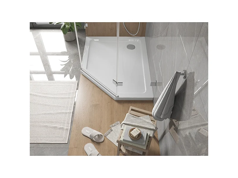 Mexen Flat Fünfeck-Duschwanne Slim Links 100 x 90 cm, Weiß, Siphon Chrom - 41P109010L