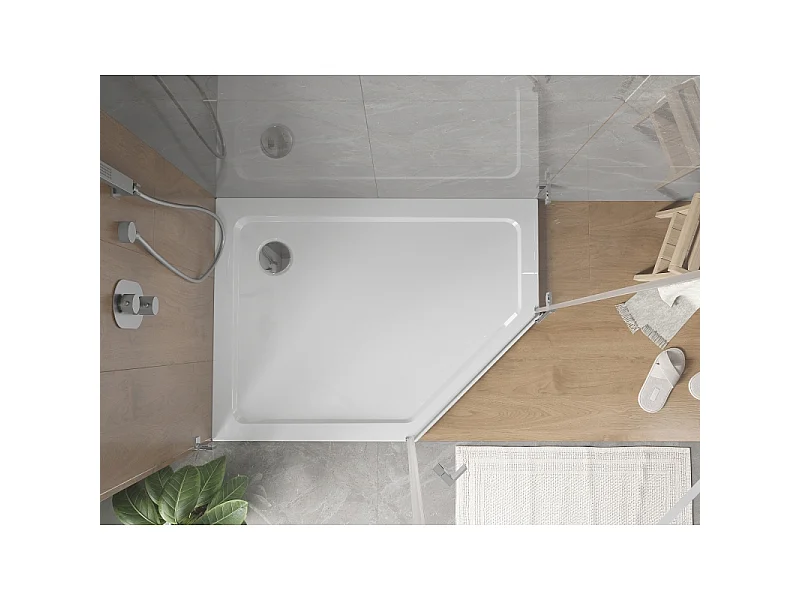 Mexen Flat Fünfeck-Duschwanne Slim Links 100 x 90 cm, Weiß, Siphon Chrom - 41P109010L
