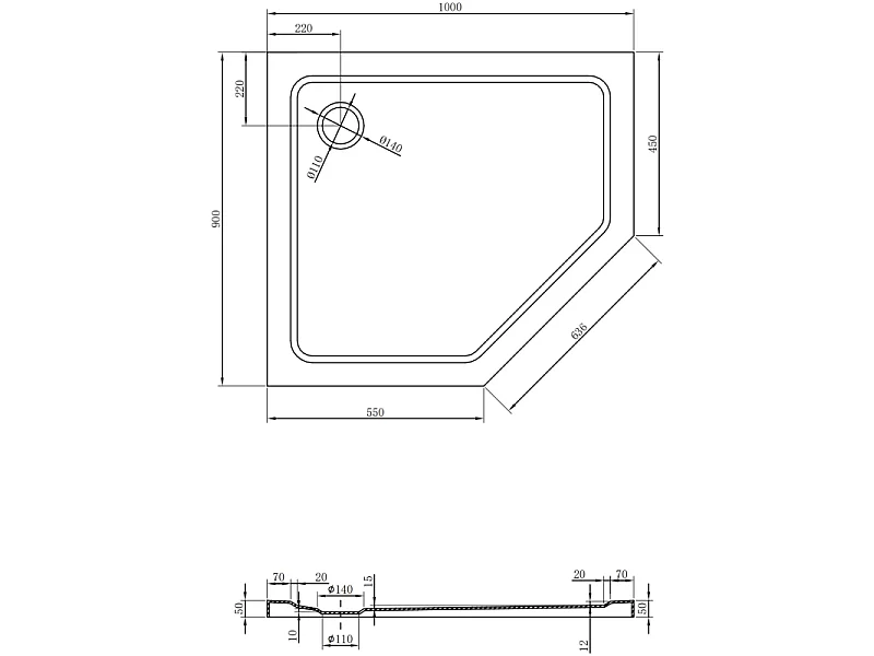 Mexen Flat Fünfeck-Duschwanne Slim Links 100 x 90 cm, Weiß, Siphon Chrom - 41P109010L