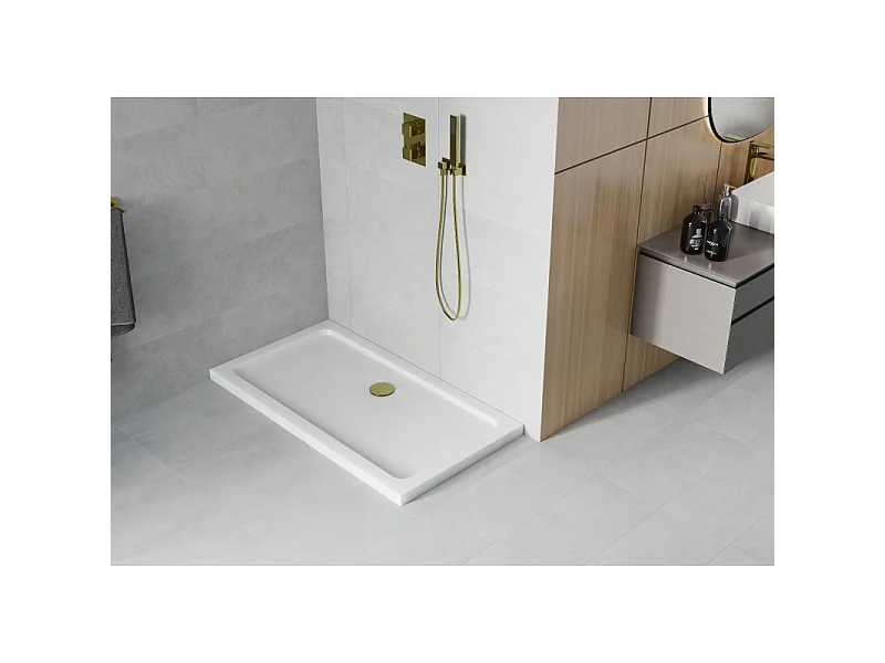 Mexen Flat plato de ducha rectangular slim 120 x 70 cm, blanco, sifón dorado - 40107012G
