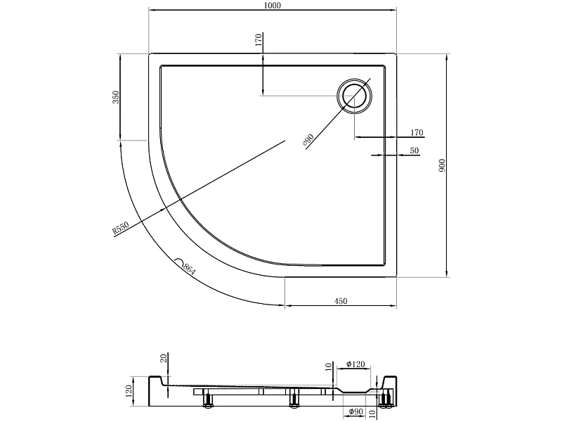 Mexen Flow+ asymmetrical right semi-circular tray 100 x 90 cm, black matte - 46Q709010RH