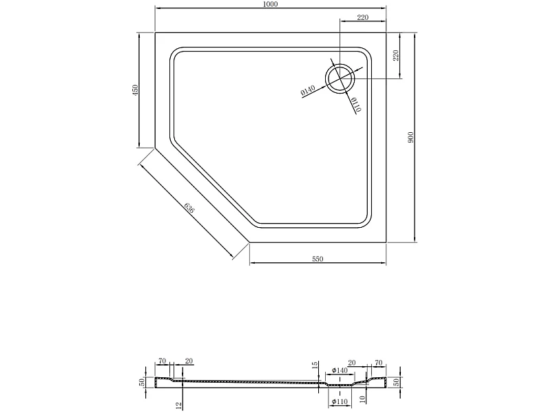 Mexen Flat Fünfeckige Slim-Duschwanne rechts 100 x 90 cm, weiß, Siphon chrom - 41P109010R