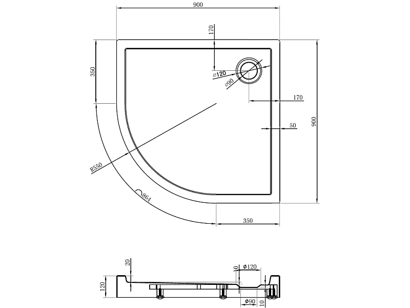 Mexen Flow+ brodzik półokrągły 90 x 90 cm, biały połysk - 46Q109090H